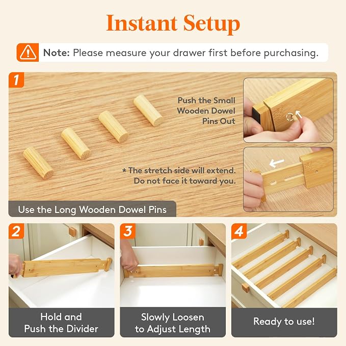 Lifewit 2.4" High 8 Pack Bamboo Drawer Dividers 45-55cm/17.5-22" Adjustable Wooden Drawer Organizer for Clothes/Utensils, Expandable Drawer Separator for Dresser/Kitchen/Bedroom/Office Organization - Image 5