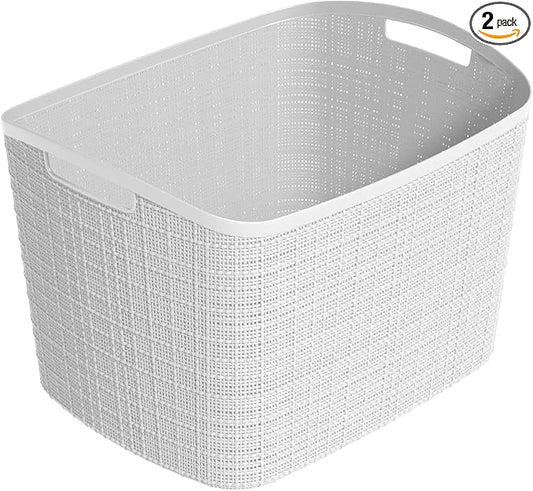Curver Set of 2 XL 30.5L Jute Decorative Plastic Organization and Storage Baskets - Perfect Bins for Home Office, Closet Shelves, Kitchen Pantry and All Bedroom Essentials, White by Unknown