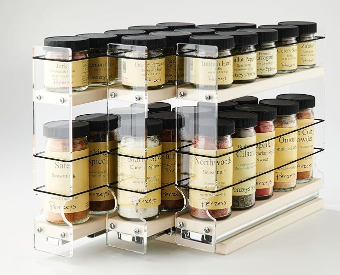 Cabinet Mounted Spice Rack Drawer - Pull Out Cabinet Organizer - Cupboard Organizers & Storage - Pantry Shelf -45 Half Sized Jars, 3 Drawers, 2 Tiers (6.9" W x 9.25" H x 10.6" D, Cream) - Image 2