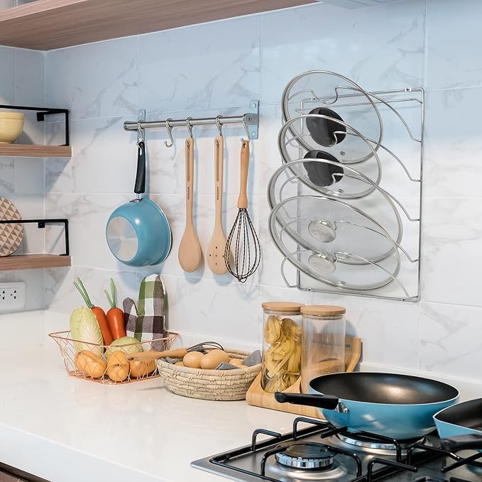 joeji's Kitchen 5 Tier Pan Lid Holder for Cupboard Door - Strong Adhesive No Drill - Large Pot Lid Organiser for Cupboard or Wall - Pot Lid Storage Rack - Kitchen Organisation - Chrome - Image 6
