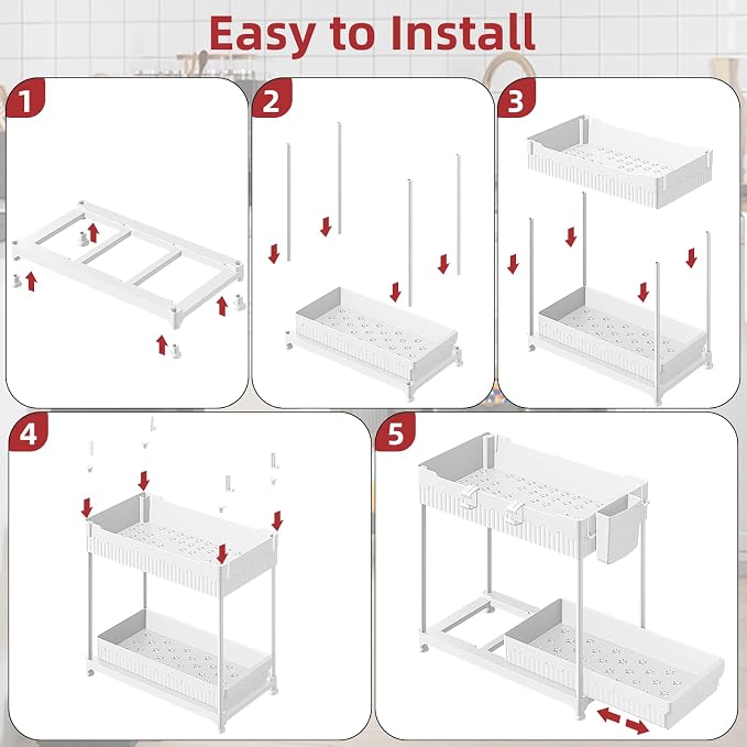 4-Pack 2-Tier Under Sink Organizer with Pull Out Drawers | Multi-use kitchen & bathroom storage. Includes hanging hooks and cups. White, space-saving cabinet design. 12.8 Inch - Image 9