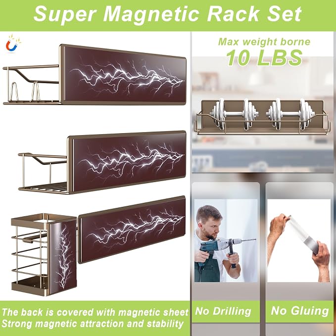 Magnetic Spice Rack for Refrigerator, 6 Pack Strong Magnet Spice Organizer with Paper Towel Holder, Utensil Holder, Moveable Magnetic Fridge Shelf for Kitchen Organization and Storage (Brown) - Image 3