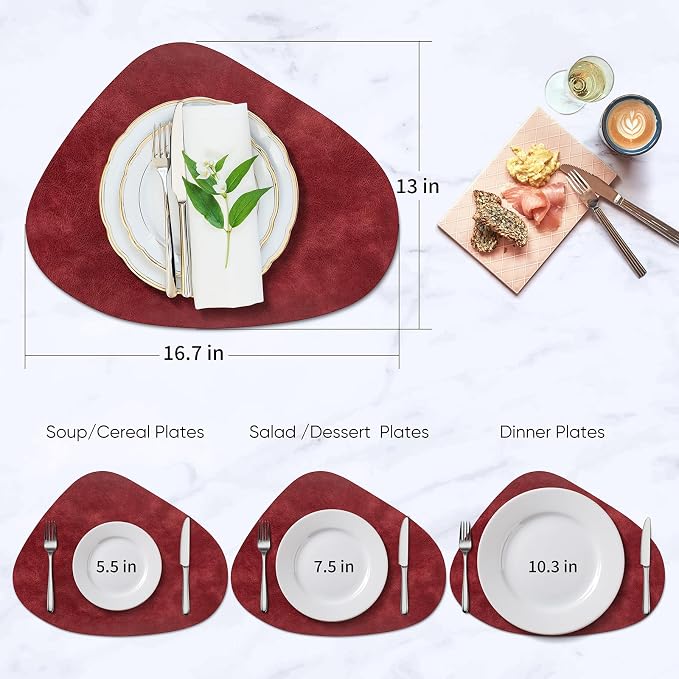 ADRIMER Placemats, Heat Resistant Round Placemats Set of 6 Washable 13 x 17 Inch, Waterproof Table Mats Wipeable for Kitchen, Dining Room Table Christmas Decor, Wine Red - Image 4