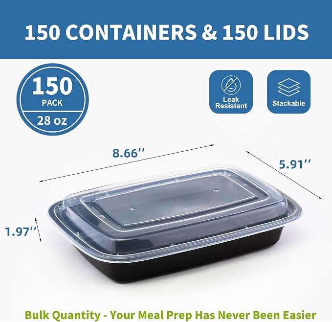 28oz Meal Prep Containers, 150 Sets Disposable Food Storage Boxes with Lids | BPA Free, Microwave/Dishwasher/Freezer Safe, Reusable Plastic, Bulk To Go Lunch Boxes - Image 2