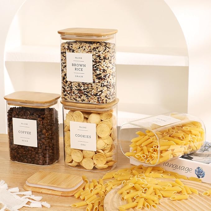 4 Pack Square Glass Pantry Storage Containers with 132 Kitchen Food Pantry Labels - 34 floz Clear Glass Pantry Jars with Airtight Wood Bamboo Lids - Glass Canisters for Tea, Cereal, Coffee, Spice - Image 6
