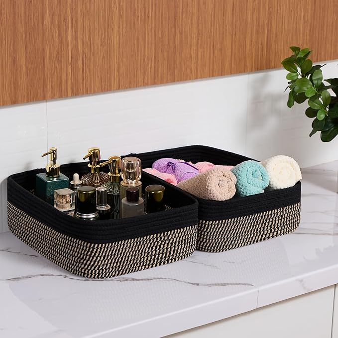 MiniArk Large Shallow Organizing Baskets 15x11x5.1 Inches - Rope Woven Storage Bins for Bathroom, Shelves, Cube Closet, Black Woven Brown 2 Packs - Image 6