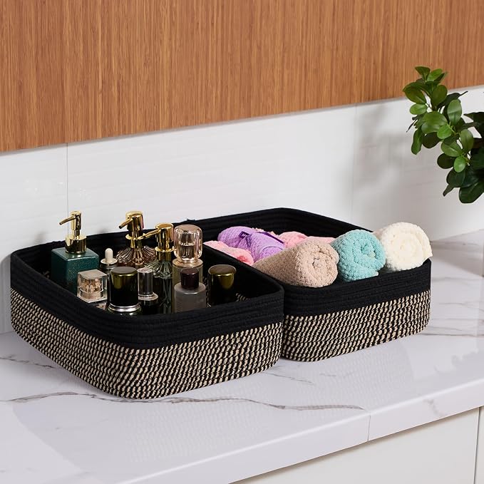 MiniArk Large Shallow Organizing Baskets 15x11x5.1 Inches - Rope Woven Storage Bins for Bathroom, Shelves, Cube Closet, Black Woven Brown 2 Packs - Image 6