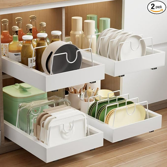 Mustorn 2 Pack Pull Out Cabinet Organizer with 8 Dividers,21.8" Deep Slide Out Drawers for Cabinets Adhesive Pull Out Drawers Heavy Duty Pull Out Shelves for Kitchen, Cupboard, Pantry, Bathroom-White by MUSTORN