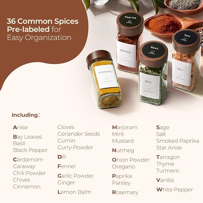 ComSaf Glass Spice Storage Jars with Acacia Wood Lids & Labels 4Oz 24Pack | Seasoning Container for Cooks, Herbs Pepper Salt Cinnamon Paprika, Spice Rack & Drawer, Canister with Shaker Insert & Funnel - Image 8