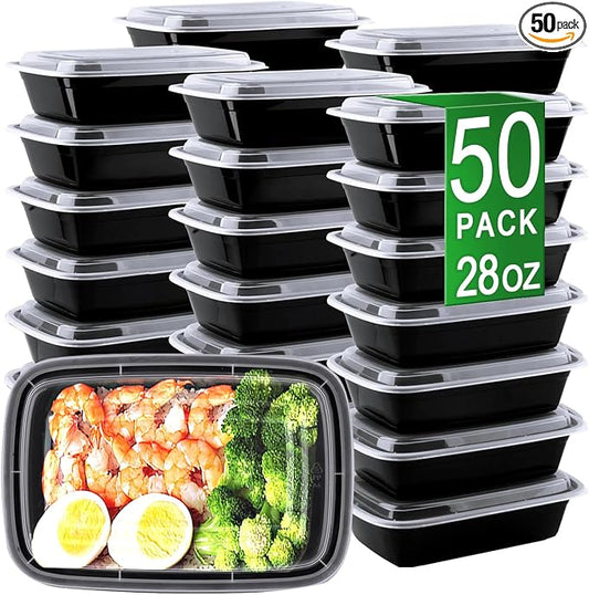 28oz Meal Prep Containers, 50 Pack Disposable Food Storage Boxes with Lids | Heavy Duty, Single Compartment, Leakproof Lids, BPA Free, Microwave Freezer Safe, Plastic To Go Bento Boxes for Lunch Takeout by Apsic