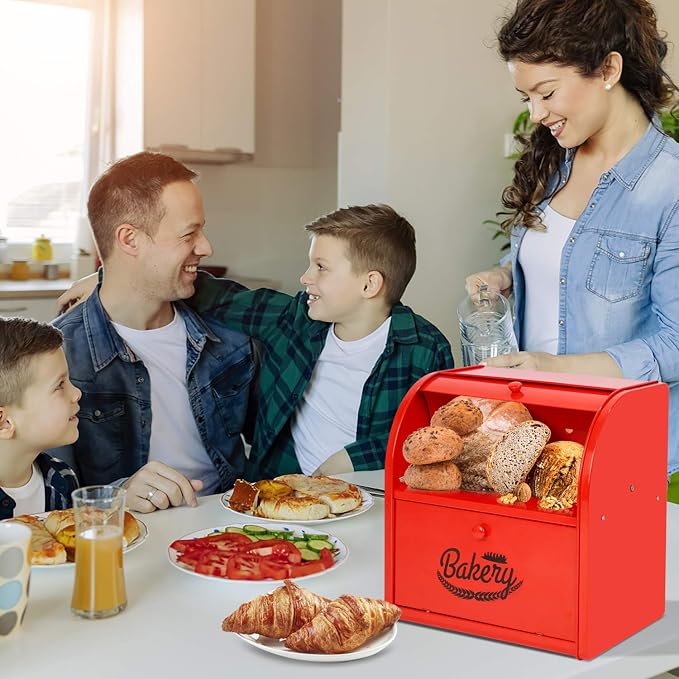 Bread Box, Metal Bread Box for Kitchen Countertop, 2 Layer Roll Top Bread Boxes, Stainless Steel Bread Storage, Kitchen Counter Bread Bin, Airtight Holder for Homemade Bread (Red) - Image 3