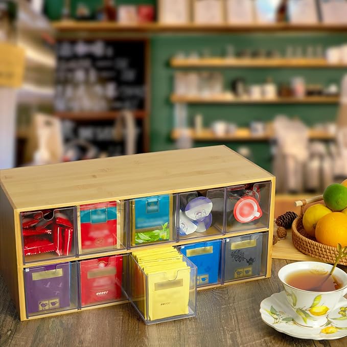 TIMIEEYA Tea Bag Organizer - Bamboo Tea Storage Organizer With Drawer 2 Layer, Tea Organizer for Tea Bags Natural Wood & Acrylic for Countertop Office Kitchen Cabinet Pantry - Image 5