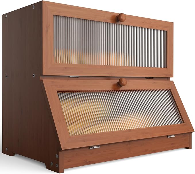 LOHASOK Bread Box for Kitchen Countertop,Brown | 2-layer, Bamboo, Large, Farmhouse Bread Container Holder Storage, Acrylic translucent window by Lohasok