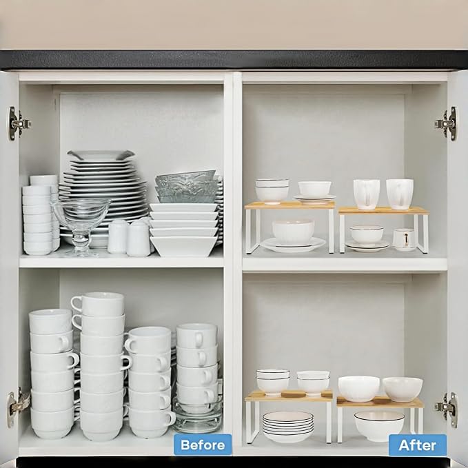 NEX Bamboo Kitchen Cabinet and Counter Shelf Organizer, Stackable & Expandable, Set of 4, White and Natural | Stackable & Expandable Spice Rack, Space-Saving Pantry Organizers Bathroom Countertop Storage, White and Natural - Image 5