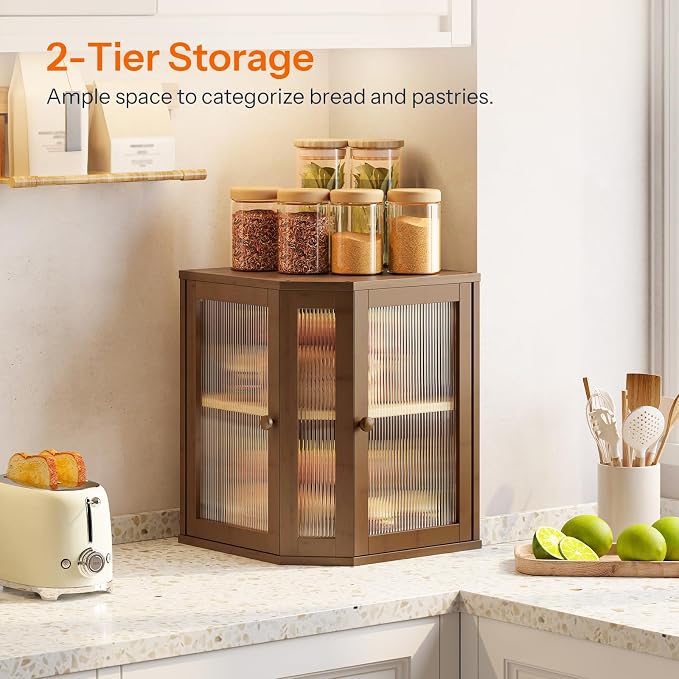 HOOBRO Bread Box, Bamboo Bread Box for Kitchen Countertop, 2-Tier Corner Bread Box, Large Capacity Bread Bin, Food Storage Box, Bread Storage Container for Kitchen, Dining Room, Brown BR12MB01 - Image 2