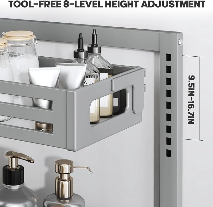 2 Pack Under Sink Organizer,Pull Out Cabinet Organizer With Smooth Cylindrical Rail,Metal Slide Out Drawer for Kitchen Bathroom Laundry Cabinet,8-Level Tool Free Height Adjustable-Gun Gray - Image 4