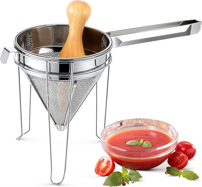 Feekoon Stainless Steel Chinois Strainer with Stand and Wooden Pestle Set, China Cap Strainer for Tomato, Berry, Fruit, Egg, Soup and Other Canning Jam Making Supplies, 15.35 x 7.67 x 7.28 inch by FEEKOON