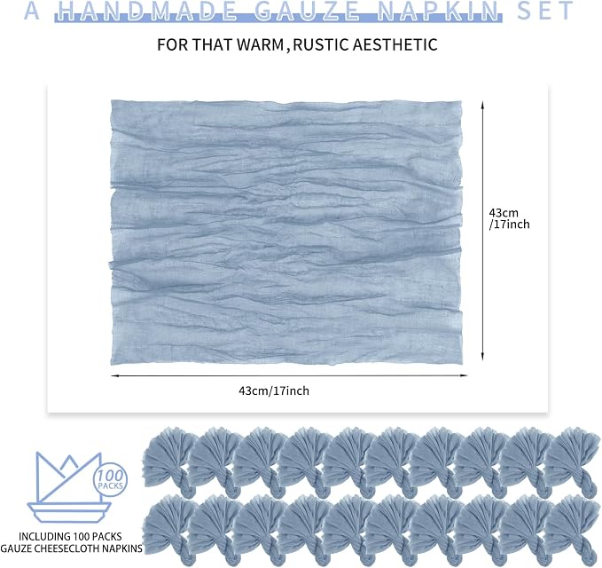 100 Pieces Cloth Napkins Dusty Blue Dinner Cheesecloth Napkins for Wedding,Wrinkled Cloth Napkins Bulk for Home Party Rustic Table Decoration, 17 x 17 Inch - Image 2