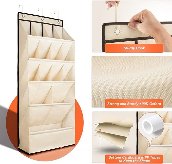 FENTEC 1 Pack Over the Door Shoe Organizers, Hanging Shoe Organizer with Large Deep Pocket Shoe Holder for Closet Shoes Rack for Wall, Over Door Shoe Storage Hold up to 18 Pairs Shoes, Beige - Image 2