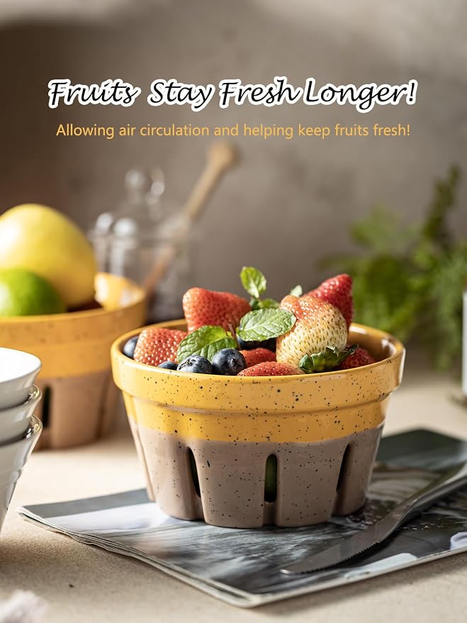 Gomakren Ceramic Berry Bowl Set of 2 Harvest Fruit Basket, Yellow + Brown | Drain Holes Keep Berries Fresh, Stackable, Wash & Serve | 5.8In Round Strawberry Grape Cherry Basket, Farmhouse Kitchen Decor - Image 4