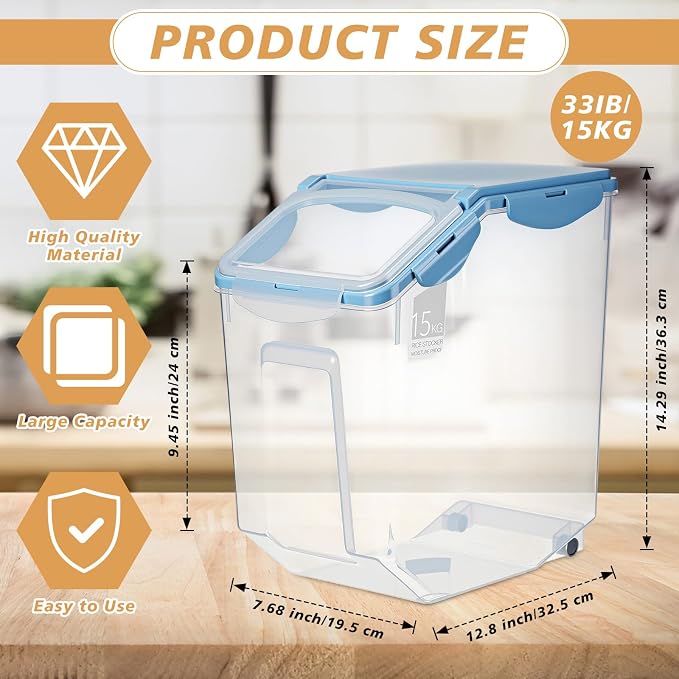 4 Pack Rice Storage Container With Wheels Plastic Airtight Lid Flour Container Bin for Dog Pet Cereal Grain Dry Food, 15 Liter / 30 lbs (Blue) - Image 2