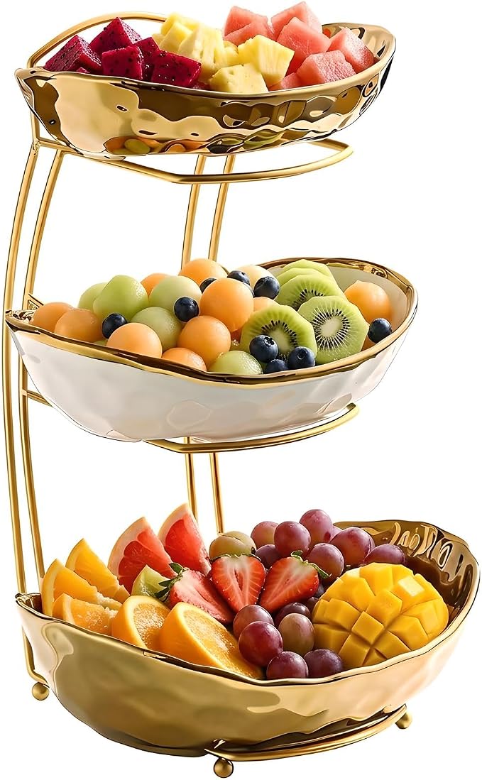 XUDREZ 2 Tier/ 3 Tier Fruit Bowl with Metal Stand for Kitchen Counter, Ceramic Gold Silver, Portable Tiered Fruit Basket Fruit Rack for Nuts, Snacks, Bread, Candy Storage (Gold, 3 Tier) - Image 3