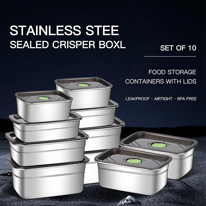 Stainless Steel Food Storage Containers Set of 10,Airtight Leakproof Meal Prep Containers with Lids, Reusable Stackable Lunch Boxes for Food Organization, Freezer & Dishwasher Safe - Image 9