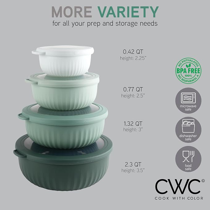 COOK WITH COLOR Prep Bowls with Lids- Wide and Deep Nesting Plastic Small Mixing Bowl Set with Lids, 8 Piece Set - Wide Bowls, Sage - Image 2