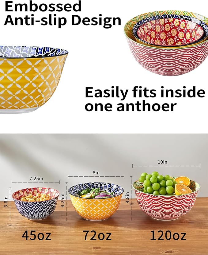 Metahom Ceramic Mixing Bowls for Kitchen, Colorful Nesting Bowls, Large Serving Bowls for Prepping, Baking, Mixing, Salad, Microwave Dishwasher Safe, 3.7/2.3/1.4 Qt, Set of 3 - Image 2