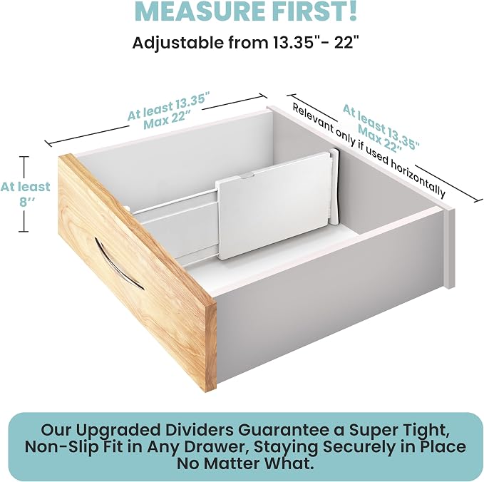 RAPTUROUS Adjustable Drawer Dividers, 8" Tall, Expandable 13.35-22", 4-Pack, Non-Slip for Deep Drawers in Kitchen, Bedroom, and Closet (White) - Image 2