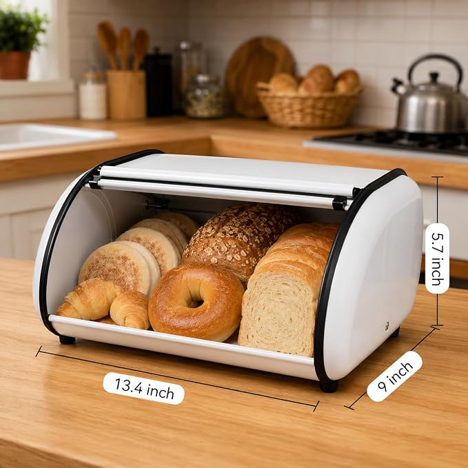 Metal Bread Box for Kitchen Countertop, White Roll Top Bread Bin | Stainless steel with smooth roll-top lid, the vintage bread box keeps homemade bread fresh while organizing countertop - Image 3