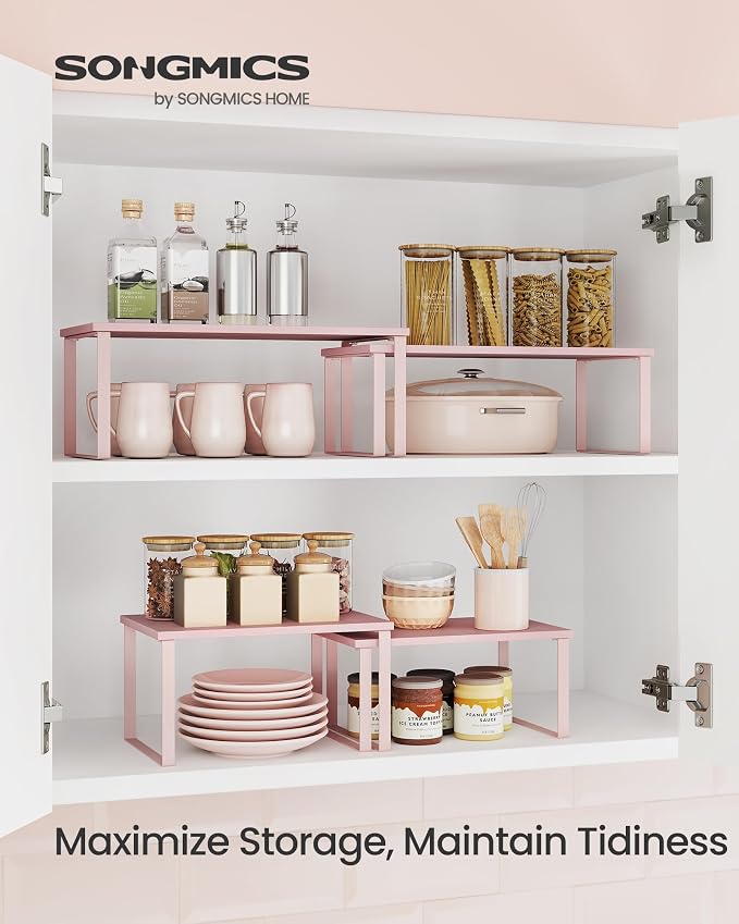 SONGMICS Cabinet Organizer Shelf, Set of 2 Kitchen Counter Shelves, Kitchen Storage, Spice Rack, Stackable, Expandable, Metal and Engineered Wood, 15.6 Inches, Jelly Pink UKCS025S01 - Image 2