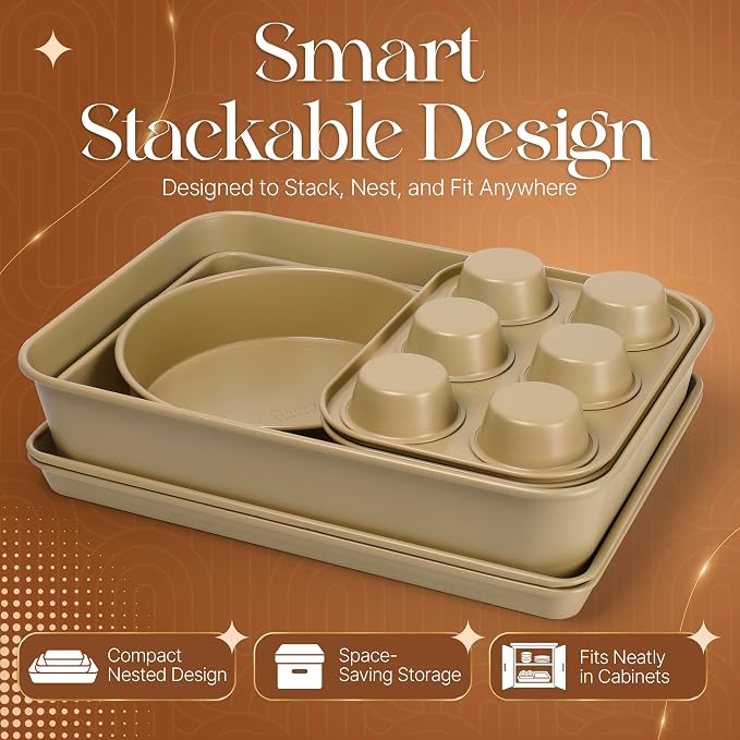 Nonstick Bakeware Set 8 Piece - Stackable Baking Pan Set, Oven safe 450°F, Carbon Steel Baking Set with Muffin, Loaf, Cookie Sheets & Roaster, Easy Storage, BPA-Free (Beige) - Image 2