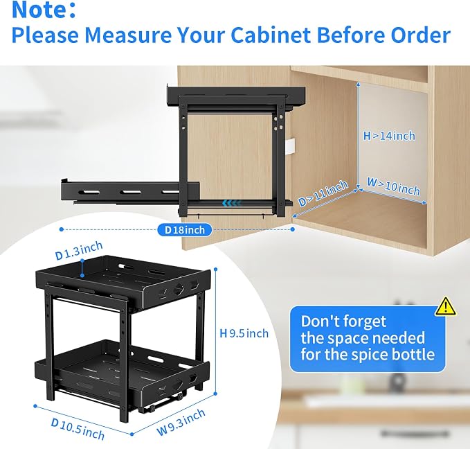 BOIVSHI Pull Out Spice Rack, Save Cabinet Space, 9.7''Wx10.8''Dx9.2''H | 2 Tier Cabinet Spice Organizer Height Adjustable, Vertical Spice Rack Maximizes Storage Space Inside the Cabinet - Image 3