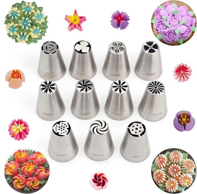 11 Pcs Small Stainless Steel Russian Flower Icing Tips Set | Small Size Stainless Steel Russian Icing Tips,Cupcake Flower Shaped Frosting Nozzles for Cupcakes Decorating by ChooYes