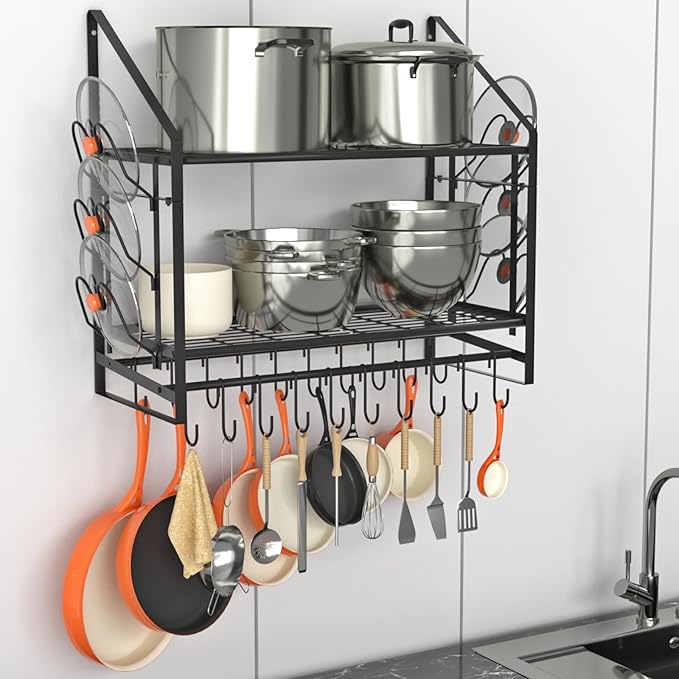 VyGrow 28 Inch Pot Rack Wall Mounted, 2 Tier Pots and Pans Organizer with 20 Hooks and 6 Pot Lid Holders, Heavy Duty Steel Pot and Pan Hanger for Kitchen Cookware Utensils Storage 34.7" Lx13 Wx26.4 H by VyGrow