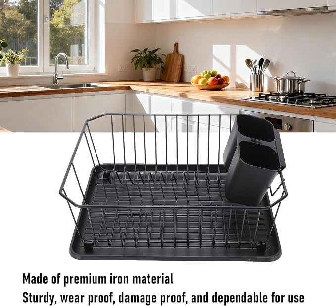 Asixxsix Dish Drying Rack, Stainless Steel Dish Drainer with Utensil Holder and Drainboard, Sink Organization and, 14" x 12" x 5" for Home and Apartment Decor (Black) - Image 3