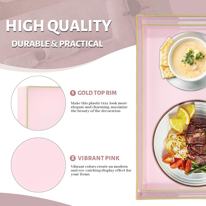 Pink Serving Tray with Handles, Plastic Decorative Tray Set of 2 | Pink Decorative Tray for Coffee Table, Modern Ottoman Tray, Rectangle Melamine Tray for Living Room, 15.8"L x 10.2"W x 1.4"H - Image 3