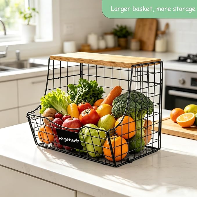 3 Pack wire Fruit Basket for Kitchen with Wood Lid - Counter&Wall Mounted Onion and Potato Storage with Nameplate, Hanging Baskets for Vegetable,11.81 * 10.63 * 8.66 Inch - Image 2
