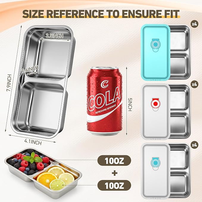 12 Pack Stainless Steel Snack Containers Snackle Container Box with 3 Colors Leakproof Lids Reusable 2 Compartment Stackable Lunch Box for Work Travel Party Beach Picnic Outdoor Portion Control Meal - Image 2