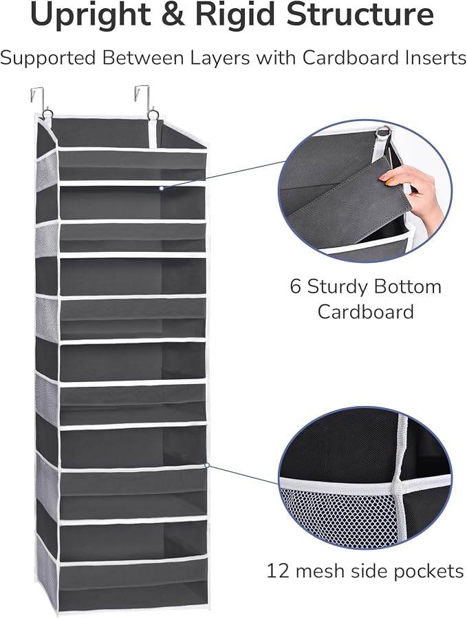 ULG Over The Door Organizer with 6 Large Pockets 12 Side Pockets, 50lbs Weight Capacity Door Hanging Organizer for Bedroom, Bathroom, Pantry, Nursery Storage, Dark Gray - Image 6