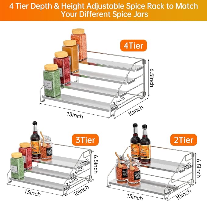 RCHYFEED 4 Tier Spice Rack Organizer,Adjustable Spice Rack,Chrome,1 Pack | Tiered Spice Organizer, Easy Visibility, Suitable for Cabinet, Countertop, Pantry and Cupboard Kitchen Storage - Image 3