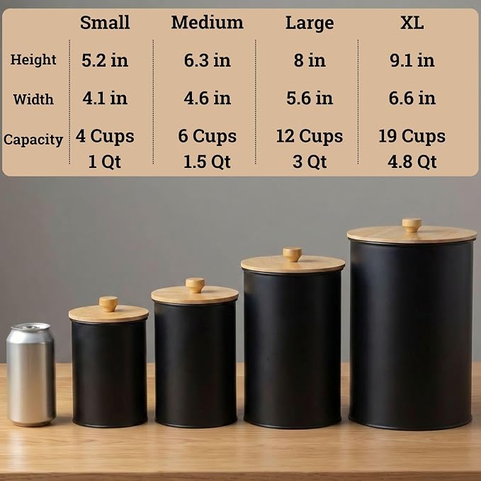 Kitchen Canisters for Countertop Set of 4 w/ Chalkboard Labels & Marker Pen | Airtight Easy Open Bamboo Lids, Dent-Resistant Thick Metal, Customizable Chalkboard Labels, Marker Pen Included, Set of 4 - Image 6