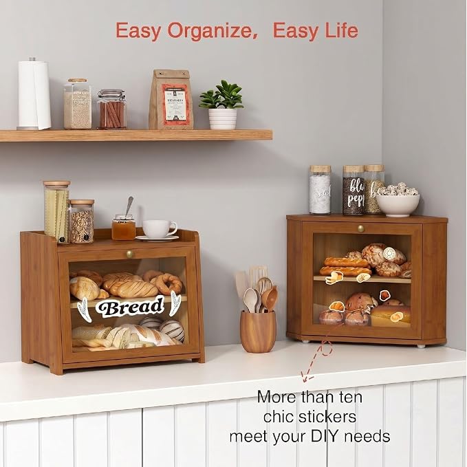 Goozii Walnut Brown Corner Bread Box for Kitchen Countertop, Double Layer Breadbox for Homemade Sourdough Bread, Dark Wooden Vintage Kitchen Counter Cabinet for Baked Goods, Tea, Coffee Beans - Image 3