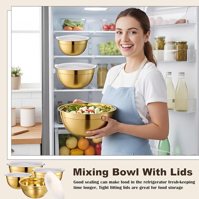 LemonRoad 8 Pcs Gold Kitchen Accessories Set Includes 1.5/2/2.8/3.6 Qt Gold Mixing Bowls with Airtight Lids, 1 Set Stainless Steel Measuring Cups, Grater Slicer with Handle, Egg Beater, Egg Separator - Image 7