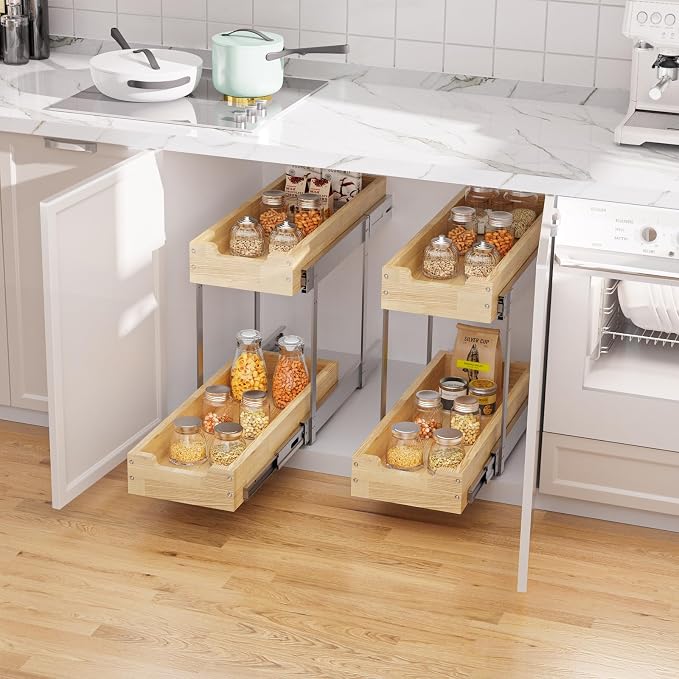 Sikarou Wood Pull Out Cabinet Organizer 2 Tie 9" W x 21" D, Heavy-Duty Sliding Drawers for Inside Cabinets Storage and Organization for Kitchen, Pantry, Bathroom - Image 4