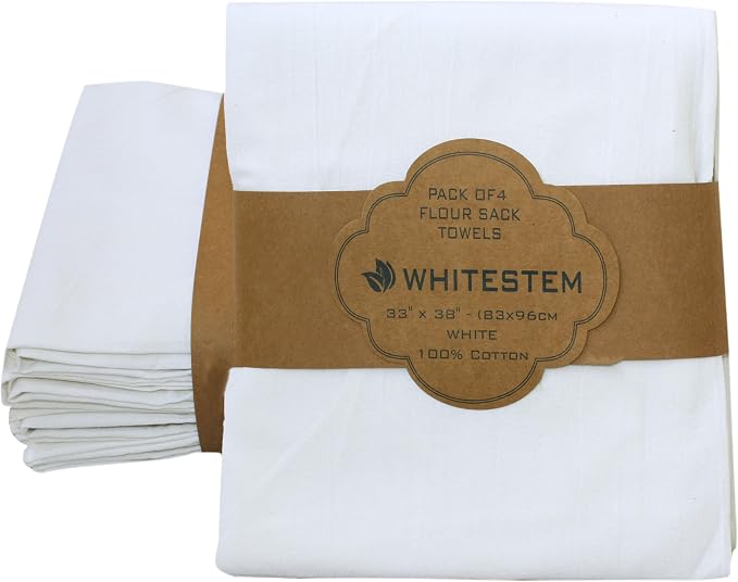 Flour Sack Tea Towel for Crafts | Kitchen Dish Cotton Blank Towel for Embroidery | Baking Bread Proofing Linen Cover | Thick Absorbent Quick Dry | 4 Pack 33"x38" White by WHITESTEM