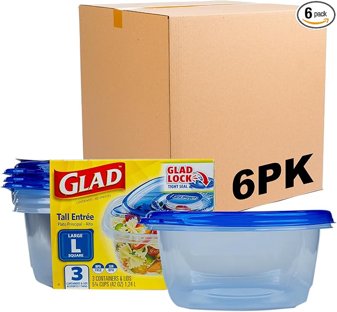 Glad GladWare Tall Entree Containers, Large Square, 42 Oz, 3 Count, 6-Pack | Lock-tight seal for meal prep and lunches in a tall square format; microwave and dishwasher safe by GladTrashFoodStorage