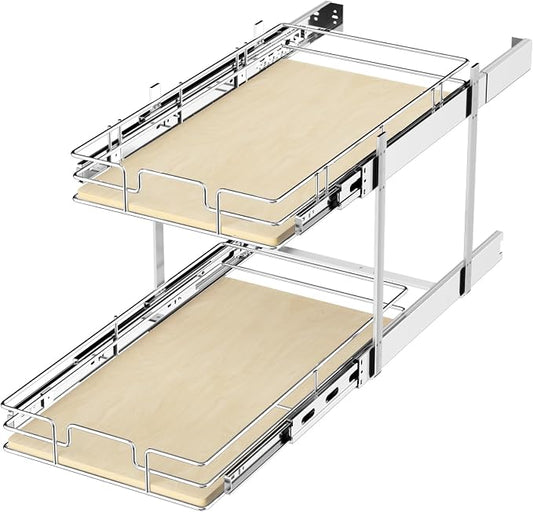 ROOMTEC 2 Tier Individual Pull Out Cabinet Organizer 13½"W x 21½"D, Slide Out Wood Shelves Organizers, Pull Out Drawers Organization and Storage for Kitchen Cabinet by ROOMTEC