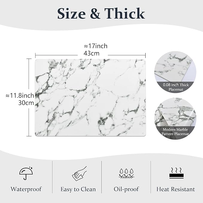 FROMHEART Faux Leather PU Placemats Set of 6 (Marble,11.8" x 17") | Waterproof,Heat/Oil Stain-Resistant Table Mat–Reversible,Non-Slip,Easy to Clean Place Mats for Kitchen,Dining,Indoor/Outdoor - Image 3